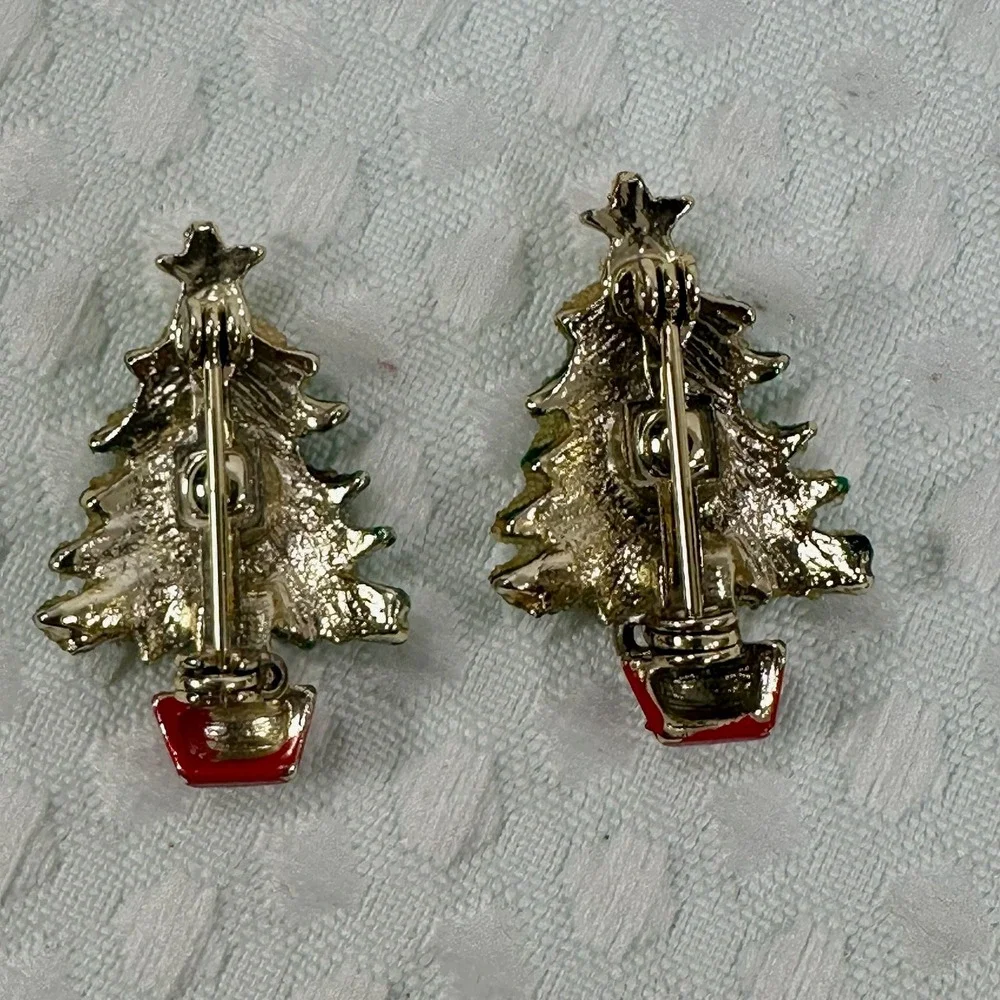 Christmas Holiday Brooch Pin Set Poinsettia Candy Cane Tree‎ Rhinestone Festive